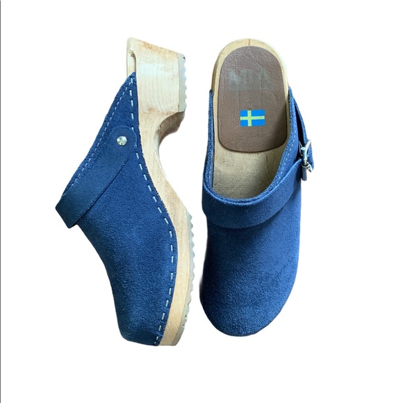 blue suede clogs